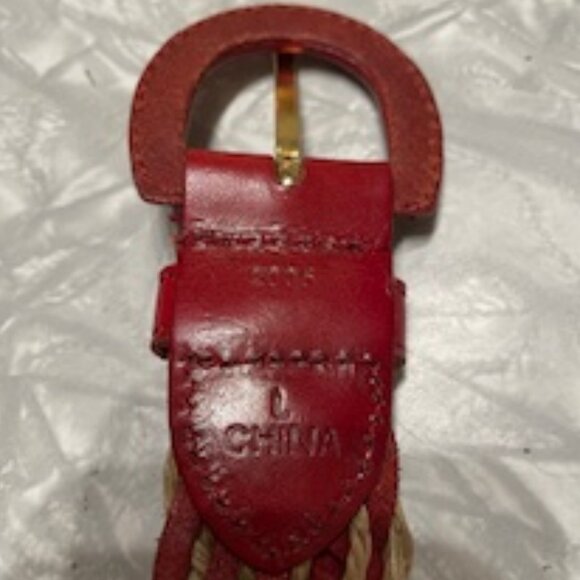 VINTAGE  Women's Red Leather and Beige Cotton Braided Belt - Picture 3 of 3